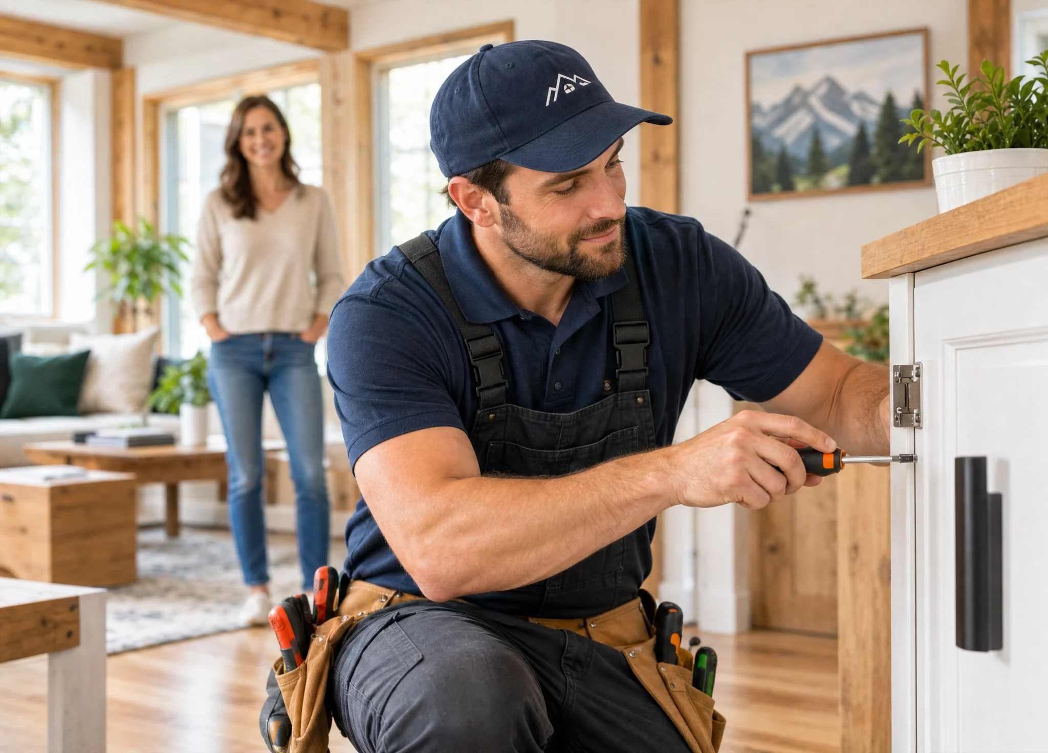 A Reliable Handyman technician installing a cabinet hinge while a smiling homeowner looks on