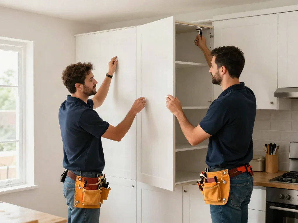 Two Reliable Handyman technicians installing kitchen cabinet doors