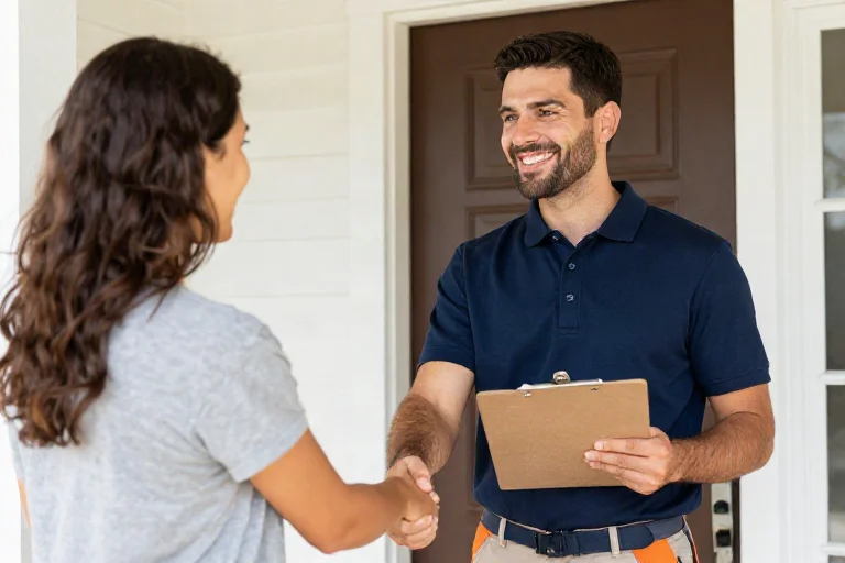 Handyman shaking hands with a homeowner at the front door