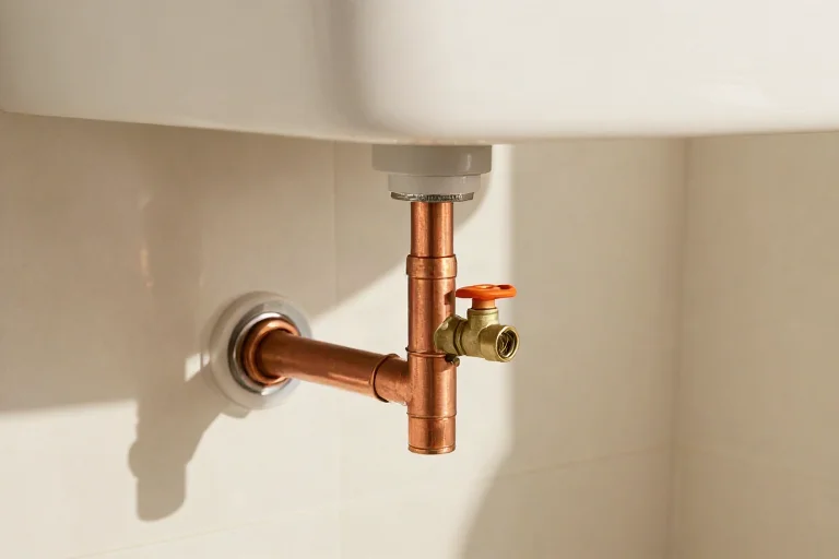 Pipes and a shutoff valve under a bathroom sink