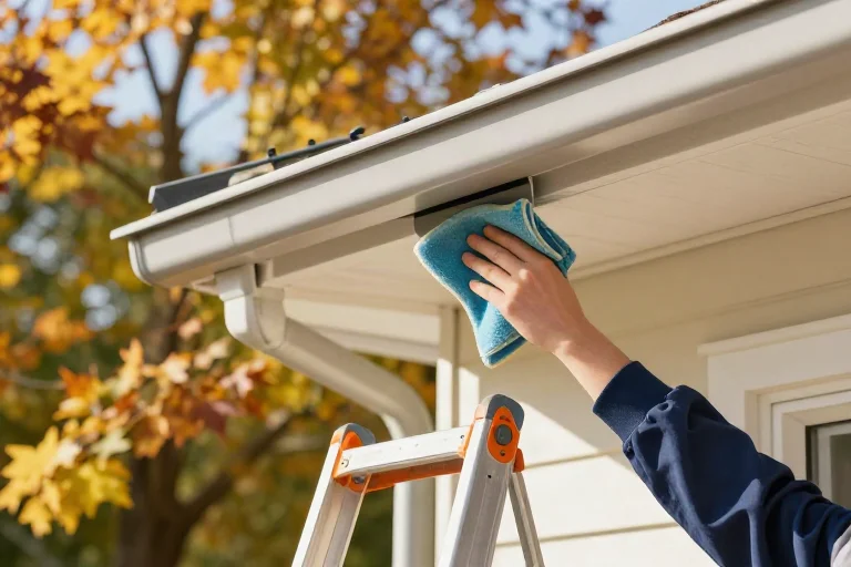 Cleaning autumn leaves out of a rain gutter from a ladder