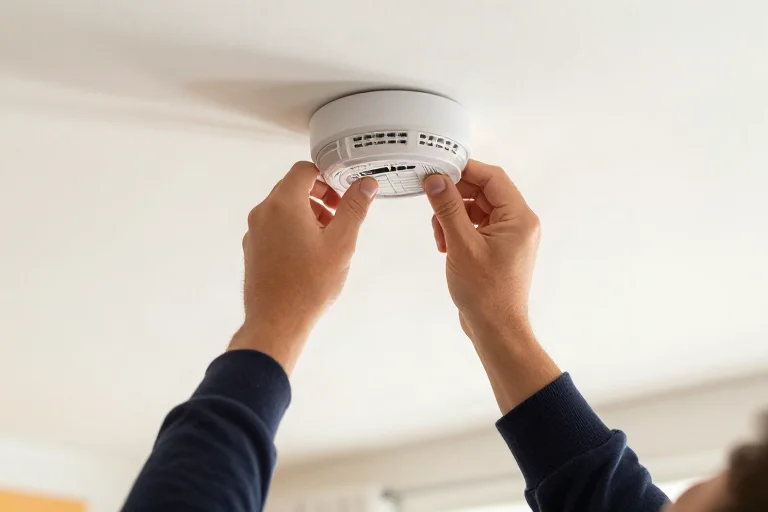 Homeowner testing a smoke detector on the ceiling