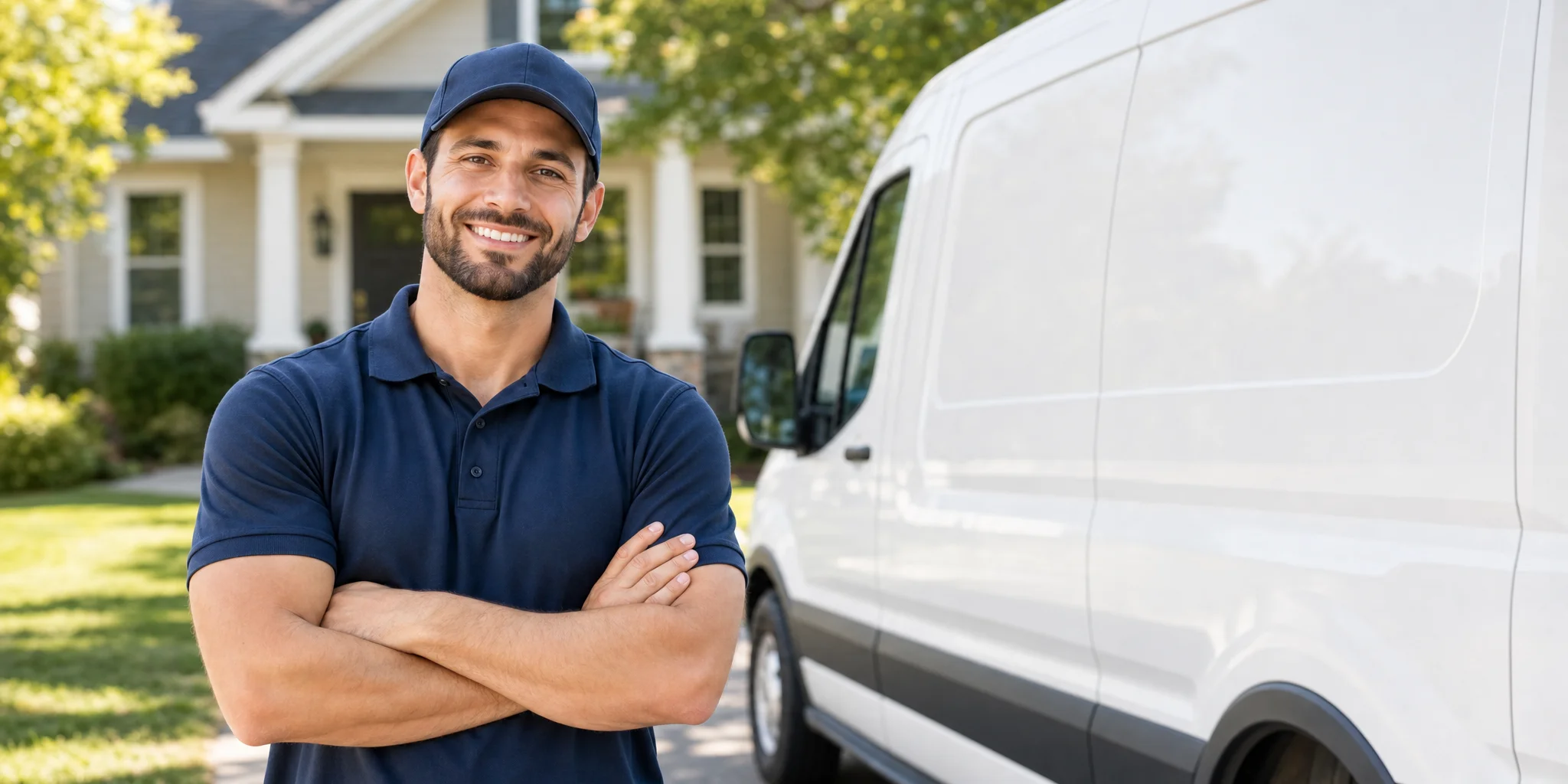 Smiling Reliable Handyman technician standing in front of a client's home beside the work van