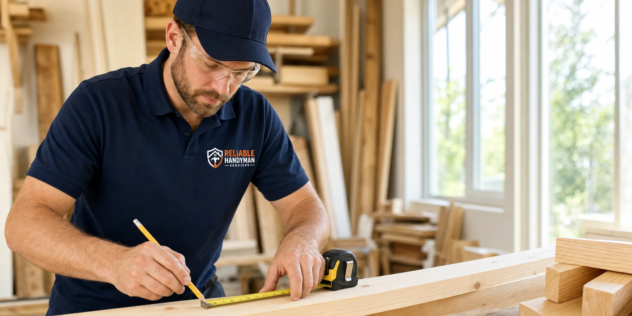 Carpenter measuring and marking a board