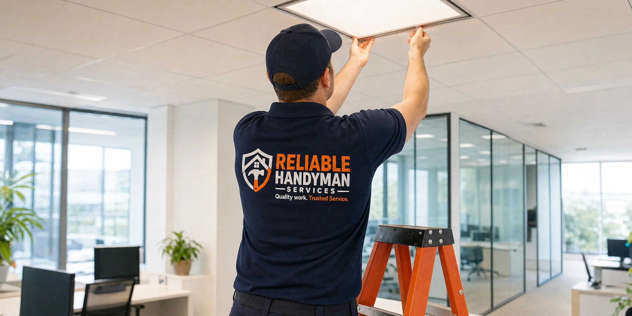 Technician servicing a ceiling light panel in an office