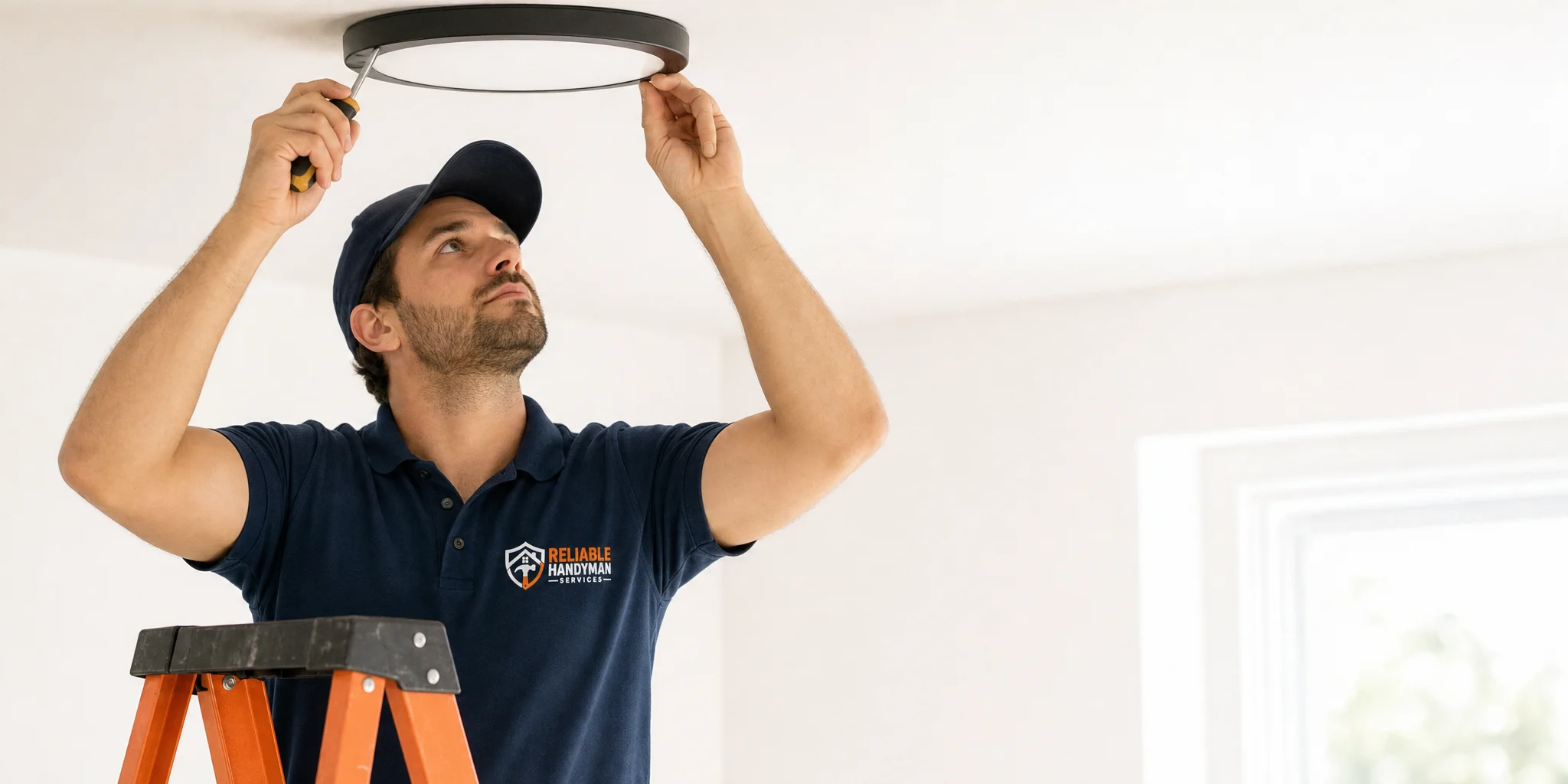 Technician installing a ceiling light fixture