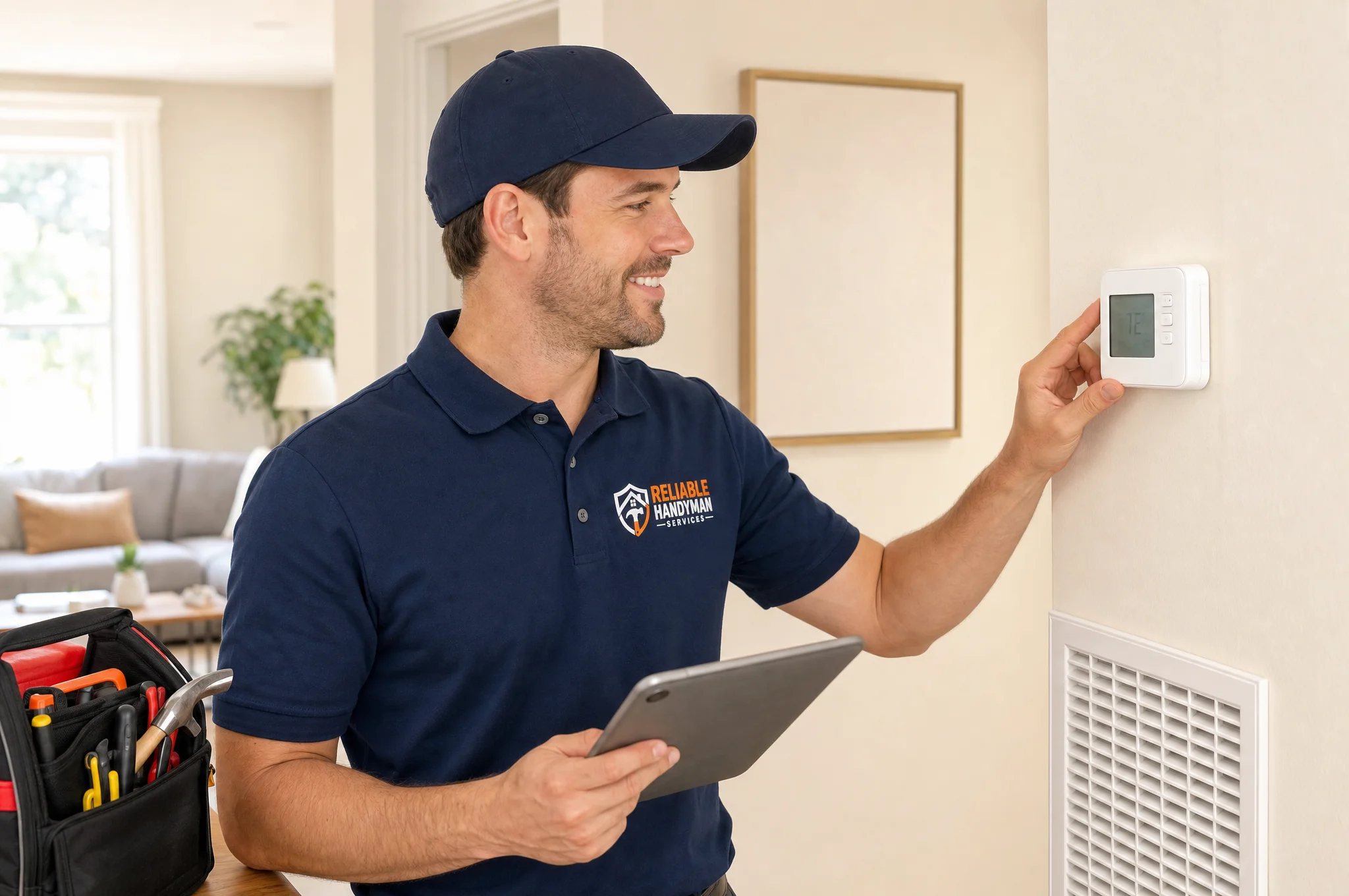 Technician checking a wall thermostat and air vent