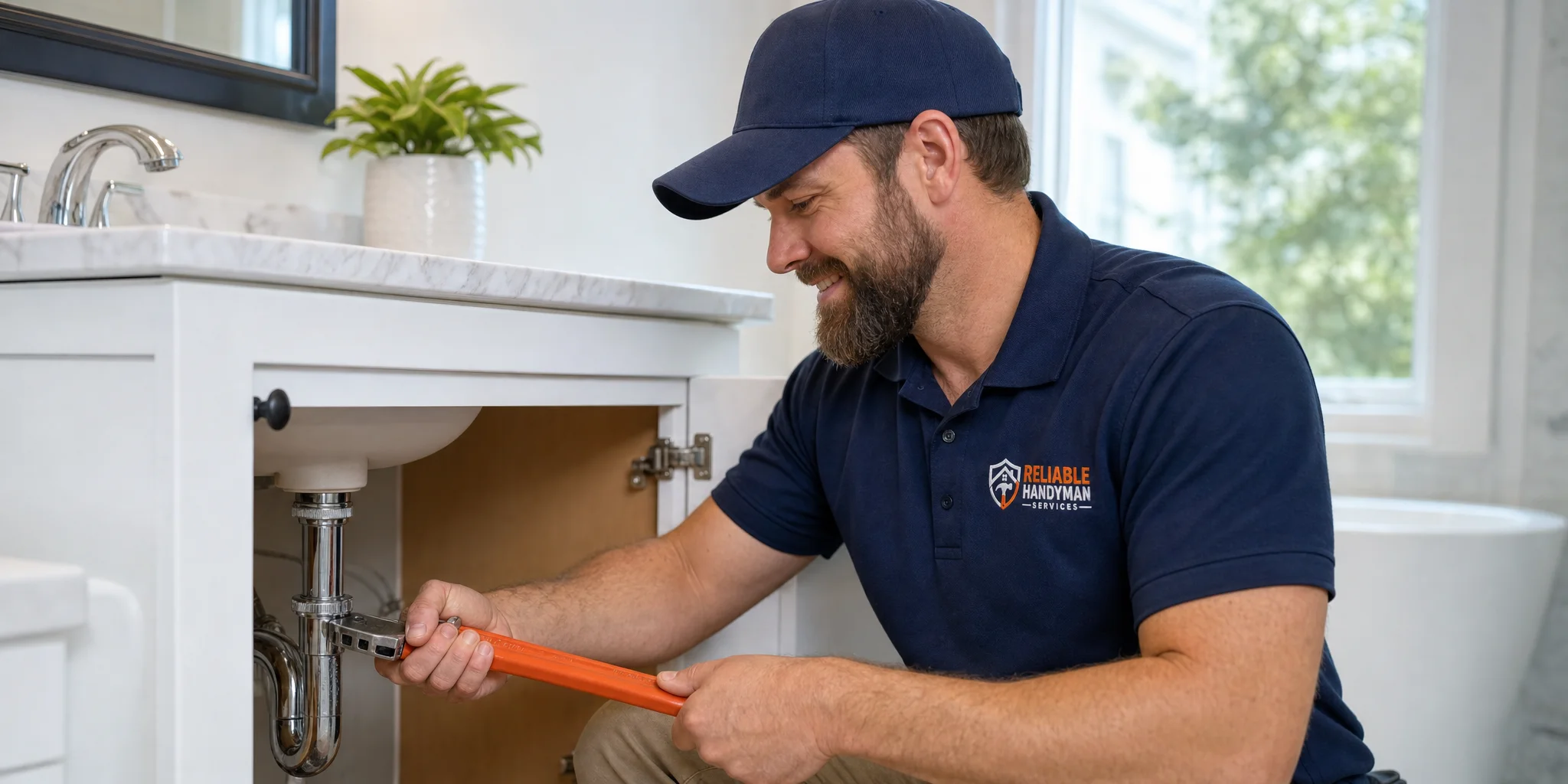 Reliable Handyman technician tightening a drain pipe under a bathroom sink
