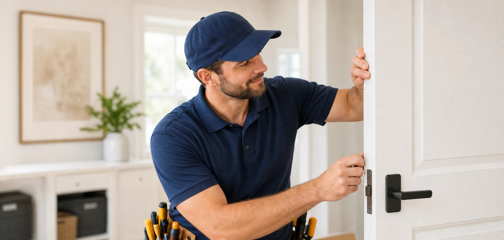 Reliable Handyman technician adjusting the hinge of an interior door