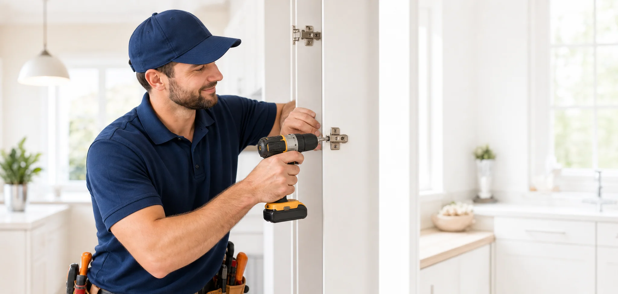 Reliable Handyman technician using a cordless drill to install a cabinet hinge
